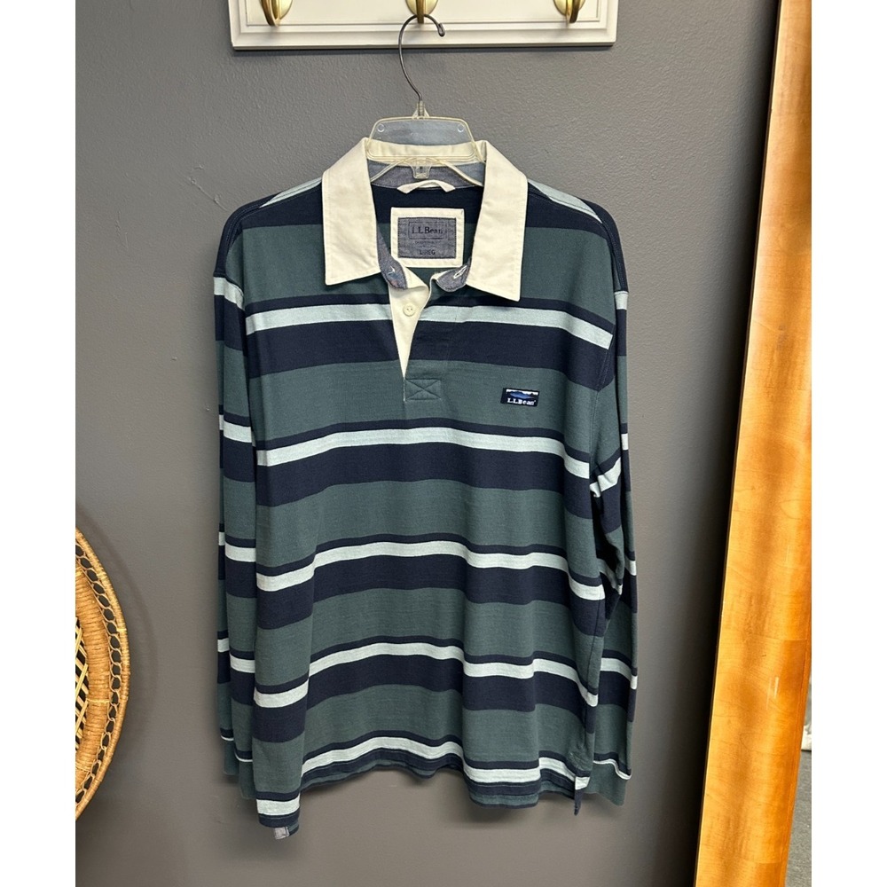 Vintage LL Bean Rugby Shirt Mens Size L - Reg Green Long Sleeve Striped Pullover